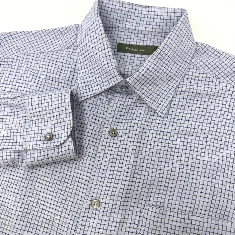 Ermenegildo Zegna Mens Large Blue Grey Grid Check Cotton Button Down Shirt